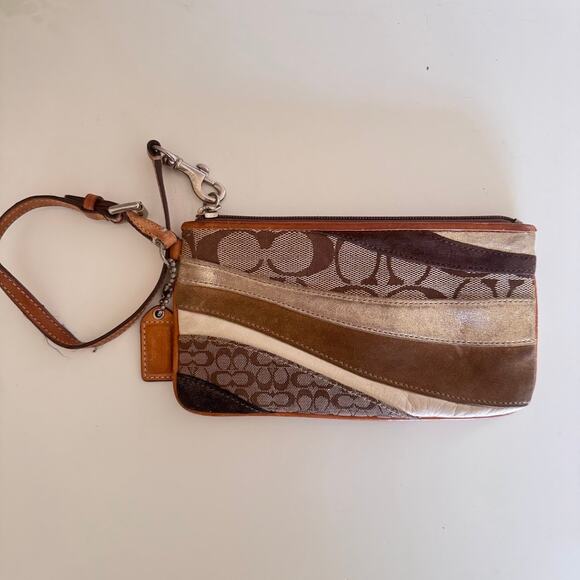 Coach Handbags - Coach Vintage Y2K Wave Patchwork Brown Tan Signature Metallic Wristlet Clutch